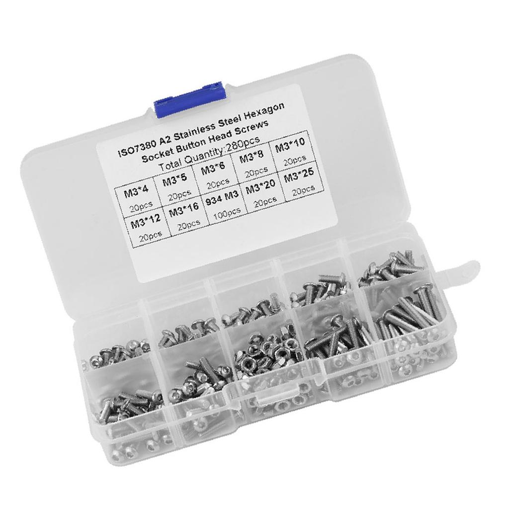 280pcs M3*4 5 6 8 10 12 16 20 25 Button Head Hex Socket Screws Nuts with Plastic Case