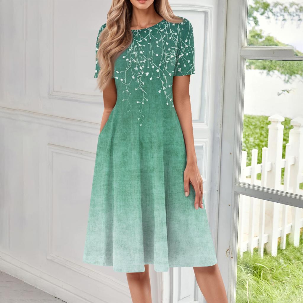 Женское повседневное модное платье миди с круглым вырезом и коротким рукавом с принтом