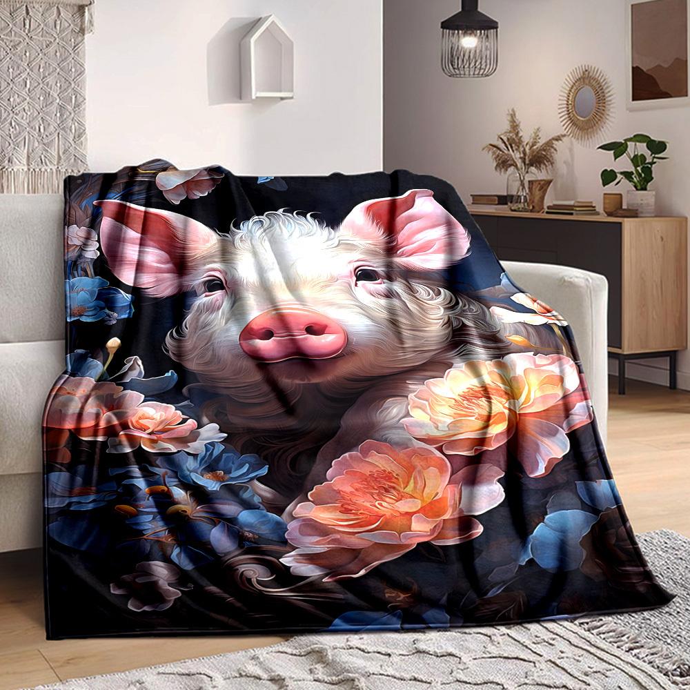 1pc Pig Floral Print Blanket Lightweight Flannel Blanket Throw Blanket For Sofa, Bed, Travel, Camping, Livingroom, Office, Couch, Chair, And Bed yy251