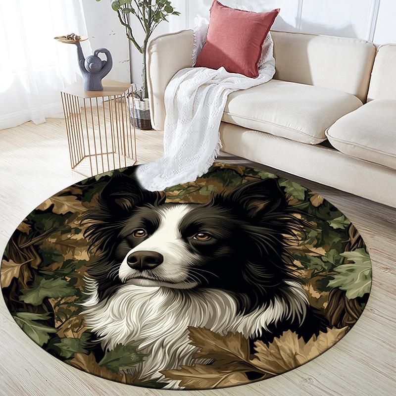 Border Collie and Plants pattern round rug,Carpet Rug for Living Room Bedroom Playroom ,Non-slip Floor Mat,Holiday Gifts and Birthday Gifts.