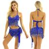 2Pcs Womens Shiny Sequin Tassels Belly Dance Costume Halter Bra Top with Hip Scarf Wrap Skirts Set Ballroom Dancewear