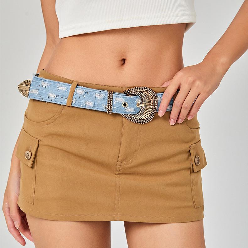 Retro Floral Embossed Denim Belt Unique Leather Belt Decoration Versatile Needle Buckle Belt Trendy Waistband
