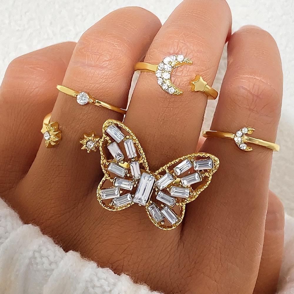 Light luxury style personalized diamond butterfly moon ring5A set of versatile, vintage-style metal open rings