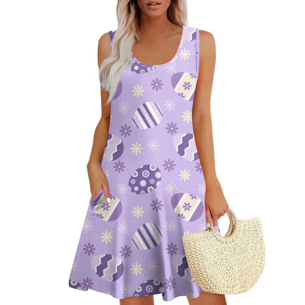 Womens Summer Dresses Easter Print Loose U Neck Sleeveless Sundresses Dress With Pockets