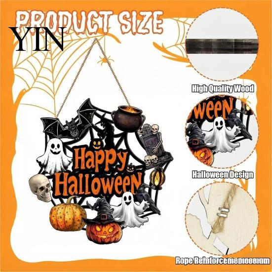 Fall Front Porch Signs Halloween Wooden Wreath Door Hanger Sign, Pumpkin Ghost Black Cat Witch Ornaments Bat Patterns, Hanging Plaque for Farmhouse
