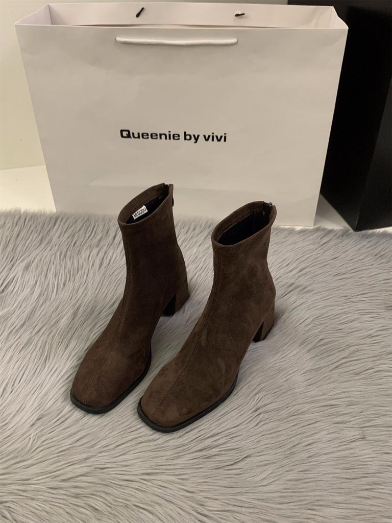 Женские ботильоны на высоком каблуке с квадратным носком, облегающие, 2025 осень-зима, флис, корейские ботильоны до щиколотки, ботинки Мартин