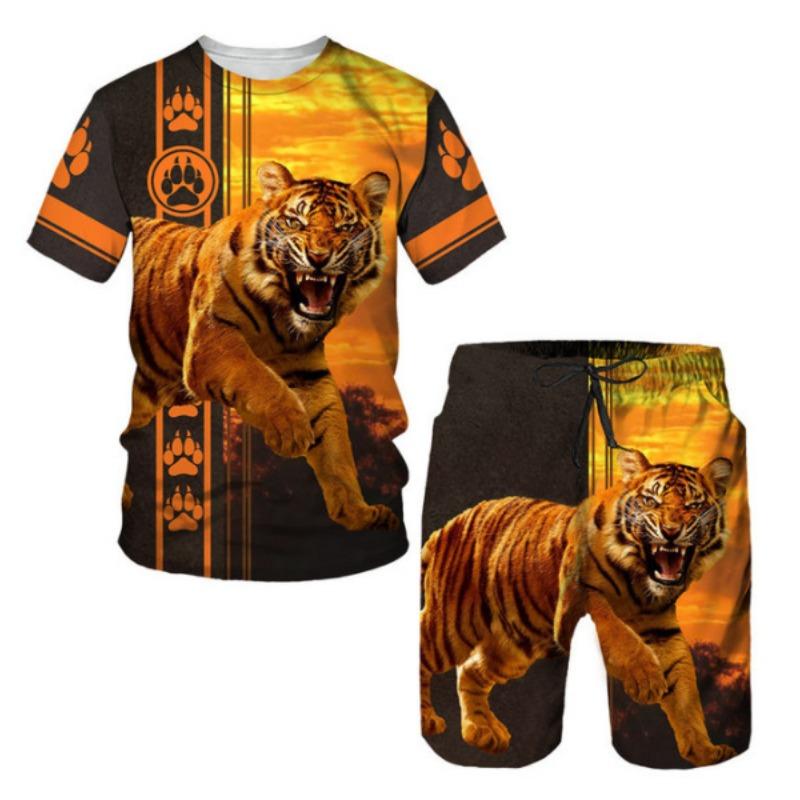 Летние мужские комплекты, шорты, наряды, футболка с коротким рукавом и принтом тигра 3D, повседневный спортивный костюм из двух частей, свободный размер, пляжная спортивная одежда