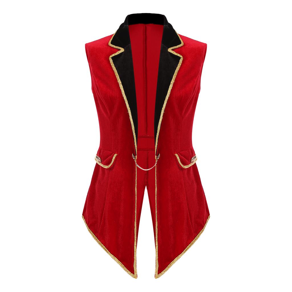 Womens Circus Ringmaster Costume Velvet Sleeveless Tailcoat Lapel Design Halloween Cosplay