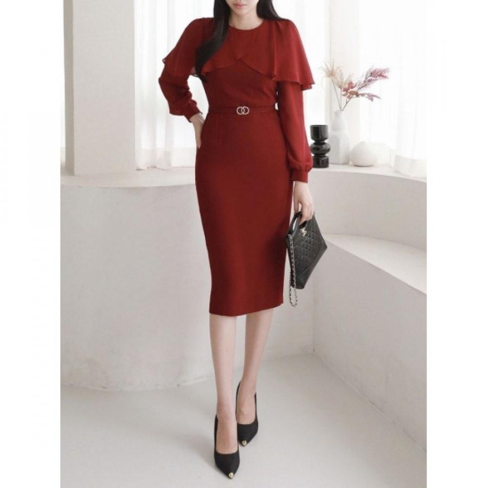 Style Latte Women Cape CHacHa H Line Midi Dress Belted Formal Dress