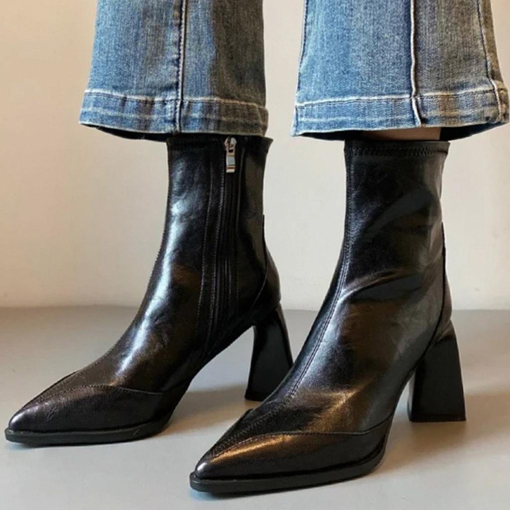 Супермягкая овчина~ остроносые французские тонкие ботинки 2025 осень и зима новые ботильоны Мартин на высоком каблуке темпераментные короткие ботинки женские