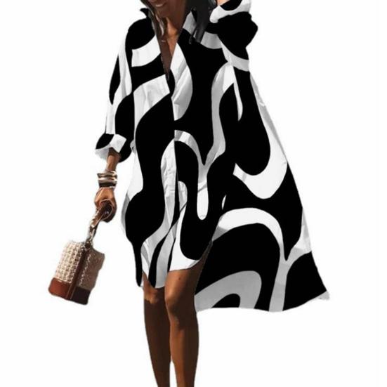 Turn-down Collar Long Sleeve High-Low Hem Holiday Dress Geometry Wave Print Oversized Shirt