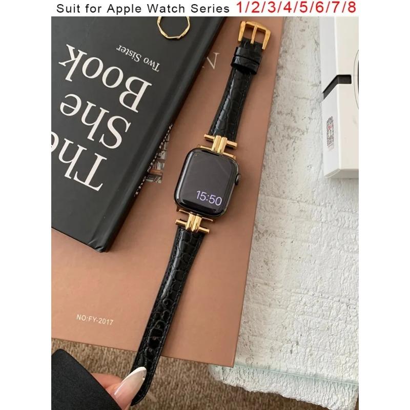 Роскошный золотой металлический ремешок из натуральной кожи для IWatch Series 8 7 6 5 4 3 SE женский тонкий ремешок для Apple Watch 41 мм 40 мм 38 мм 45 42 44 49