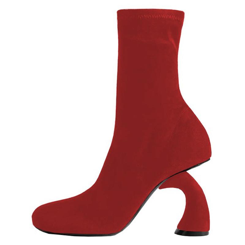 Модные Новые 9см Необычные Высокие Каблуки Черные Красные Короткие Ботинки Европейский Американский Осень Зима Мода Высокие Каблуки До Щиколотки Женские Ботинки Размеры 43