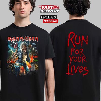 Двусторонняя футболка Iron Maiden Run For Your Live, Подарок для членов семьи, металлистов, Унисекс футболка