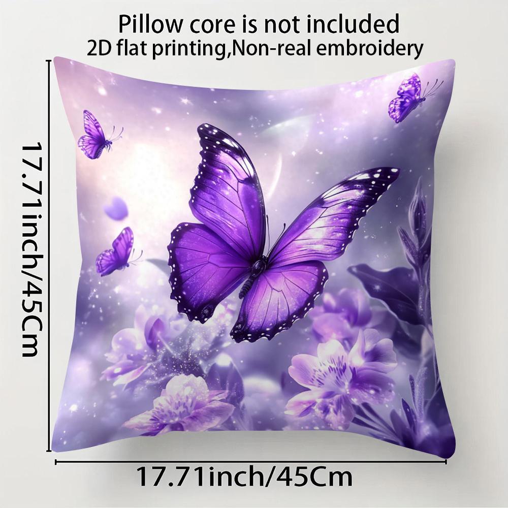 2D Flat - A Set of Four Flat-Printed Pillowcases Featuring Non-Realistic Embroidery of Purple Butterflies And Flowers, Measuring 17.7 Inches by 17.7 I