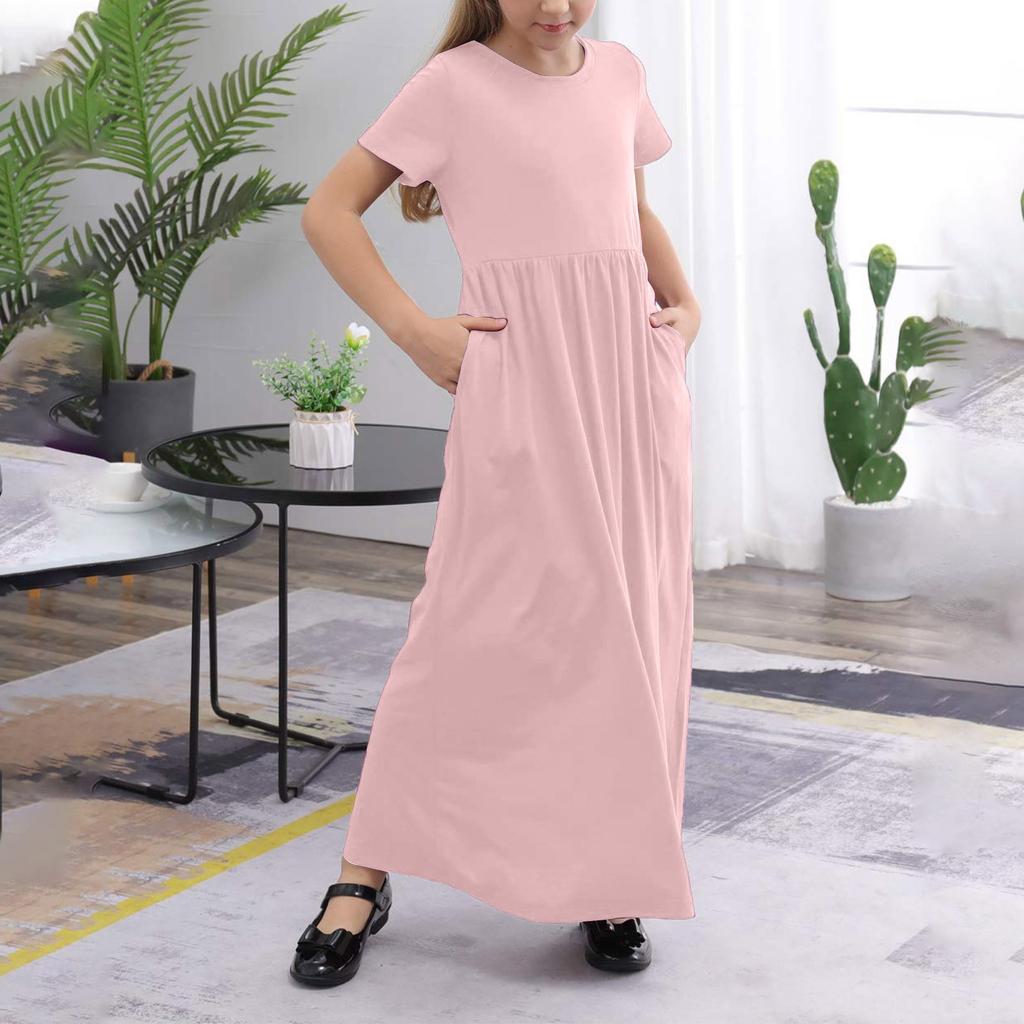 Летнее платье для девочек с круглым вырезом, короткими рукавами и карманами, длинной юбкой