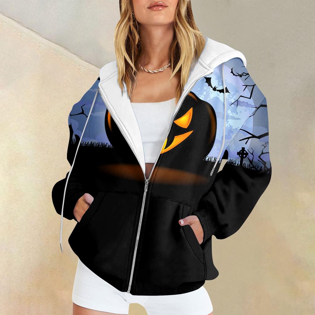 Women's Fashion Casual Halloween Printed Sweatshirt Autumn Winter Long Sleeve Cardigan With Pockets Zipper Hoodie Jacket