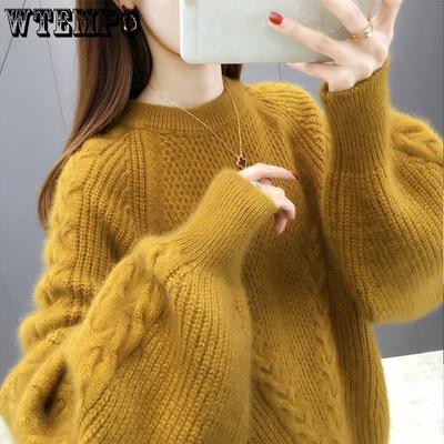 Женский свитер свободного кроя, верхняя одежда, осенне-зимний, рукава-фонарики, вязаная базовая рубашка, топ с узором «витая коса», женский свитер