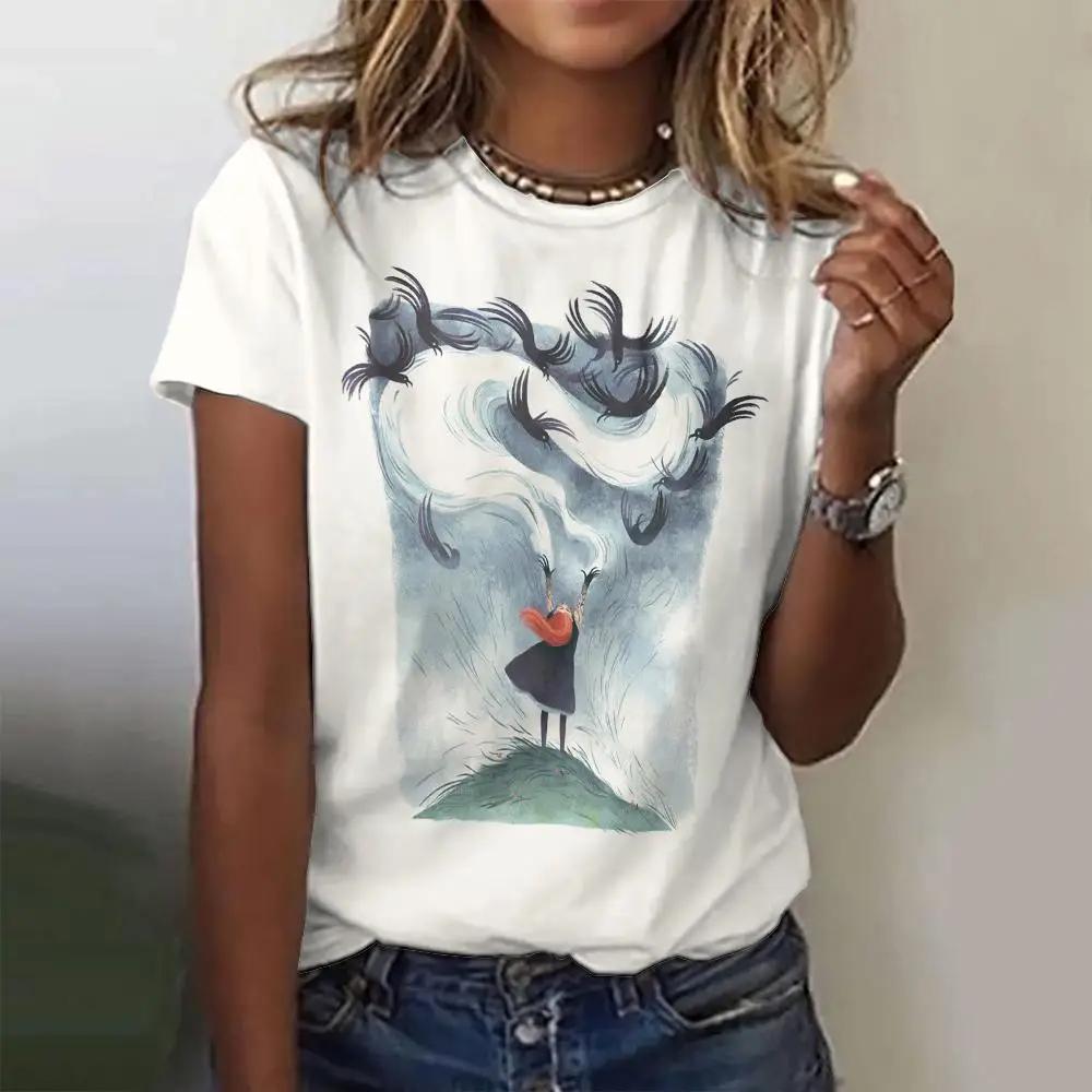 Women's Fashion T-shirt Summer Loose Short Sleeved Fish Pattern Clothing Round Neck Casual Top Trendy Printed Women's T-shirt