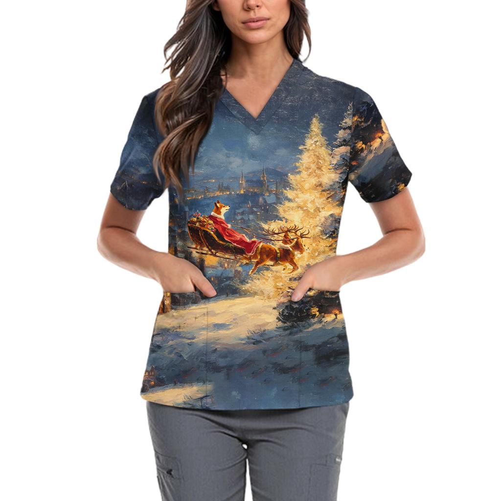 Женская милая блузка с принтом бантиков, рабочая одежда, V-образный вырез, двойной слой, карманы, базовая, с коротким рукавом, пуловер