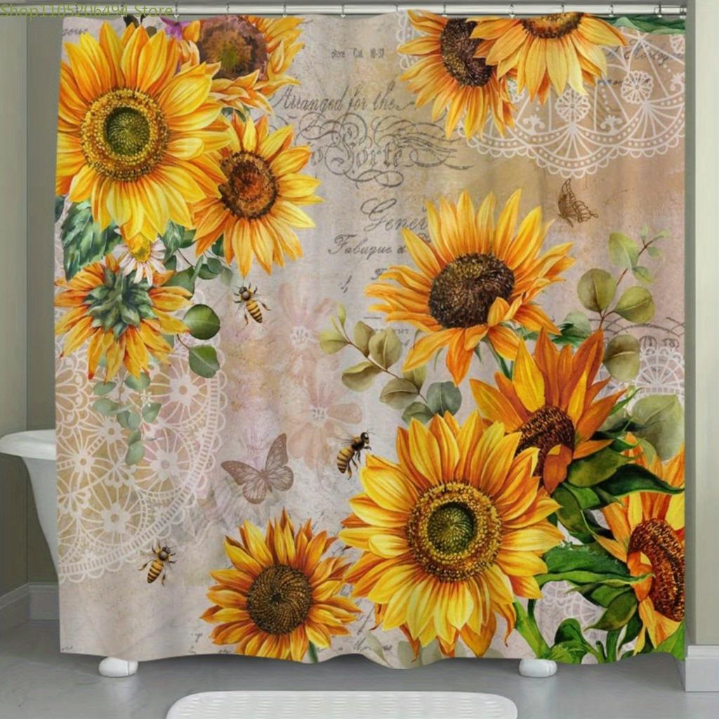 1 шт. Занавеска для душа с рисунком подсолнуха и пчелы, Домашний декор, Принтованная подкладка, Не требующая сверления, Перегородка для ванной комнаты