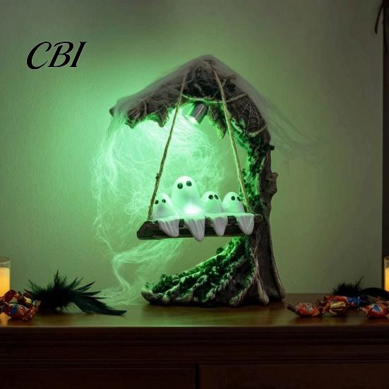 Halloween Mystery Theme Ornament Ghosts on A Tree Swing Statue, Spooky Light Up Swinging Ghost Holiday Gift for Lovers Figurine with Spider