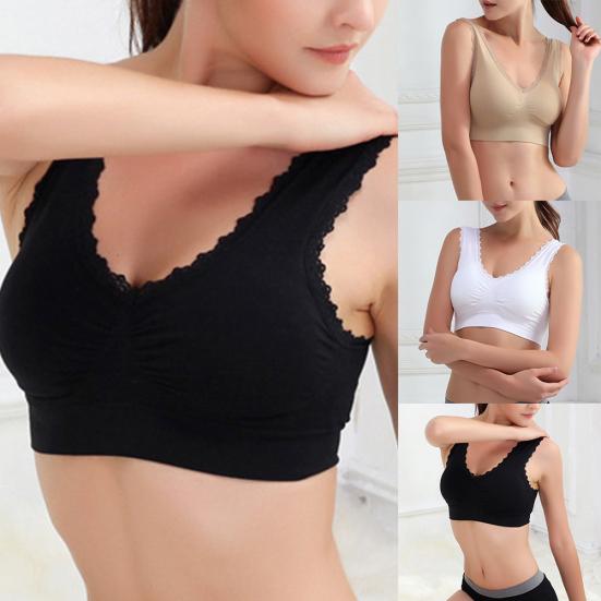 Solid Color Women Lace Trim Seamless Padded Wire Free Bra Crop Top Underwear