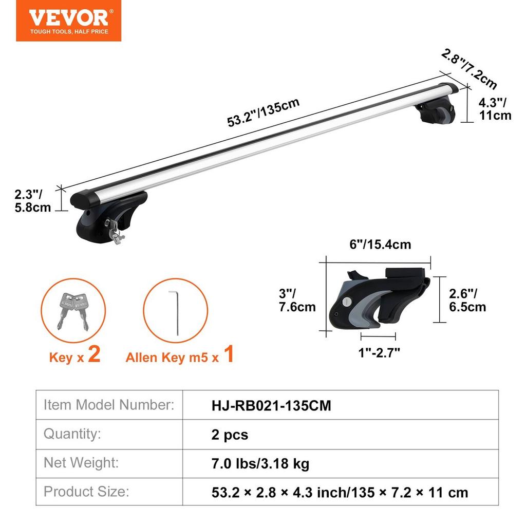 Universal Roof Rack Crossbar 53.2" Length for Vehicle w/ Raised Side Rail