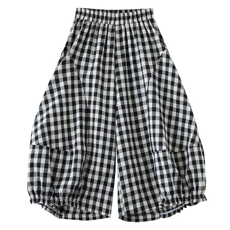 Винтажные клетчатые брюки больших размеров с высокой талией, повседневные, свободные, летние, с широкими штанинами, крест-накрест, женские