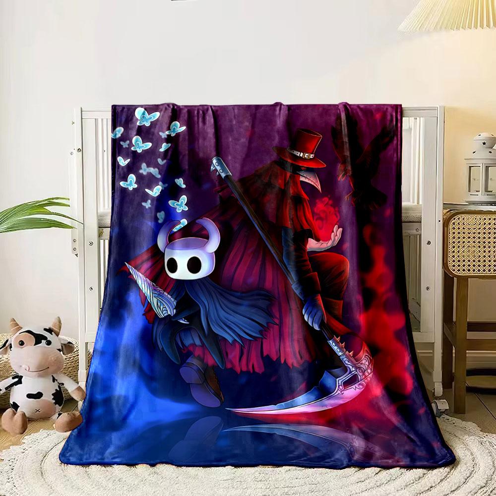 Two characters in red and blue lighting, with butterflies and a raven. for all seasons blanket lunch break throw gift