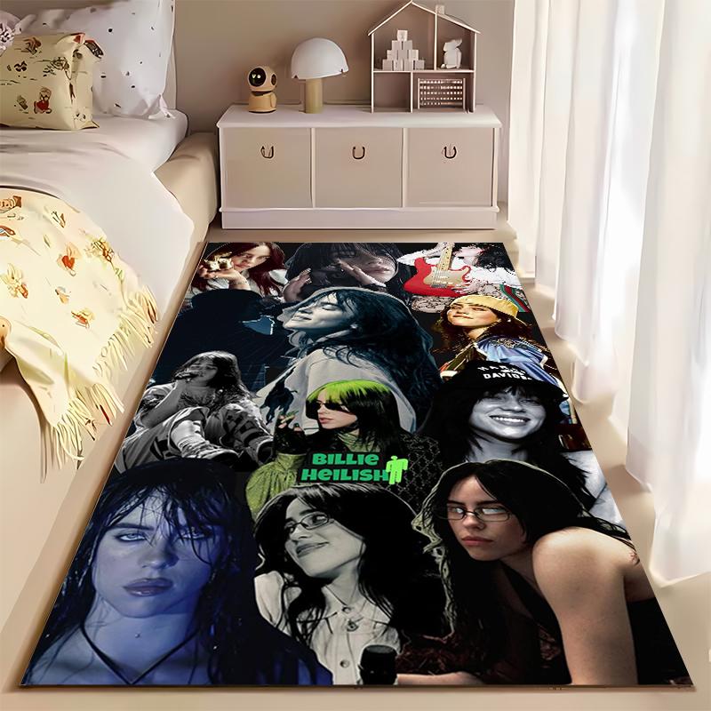 Pop Music Area Rug, Billie Eilish Collage Red Hair Green Hair Guitar Gold Statue Print, Teen Room Decor, Non-Slip Mat