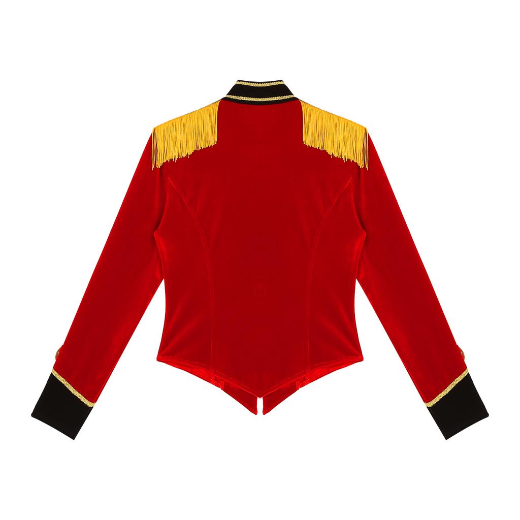 Mens Womens Circus Costume Ringmaster Jacket Tops Long Sleeve Disfraz Circo Fringed Shoulder Board Velvet Coat for Halloween