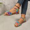 Plus Size Flat Sandals Spring Summer New Round Toe Open Toe Colorful Flower Studded Soft Sole Non-Slip Roman Shoes