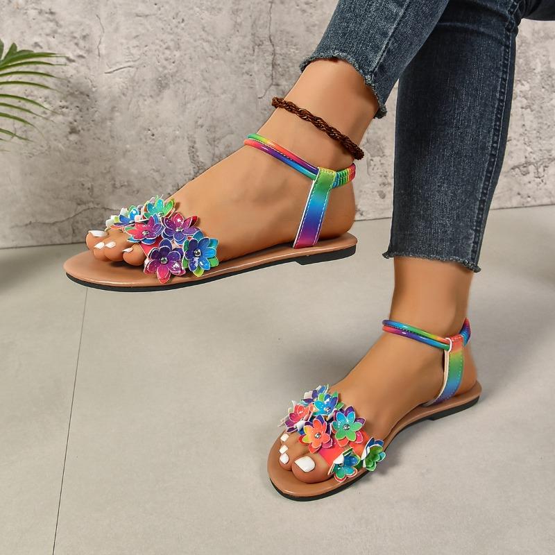 Plus Size Flat Sandals Spring Summer New Round Toe Open Toe Colorful Flower Studded Soft Sole Non-Slip Roman Shoes