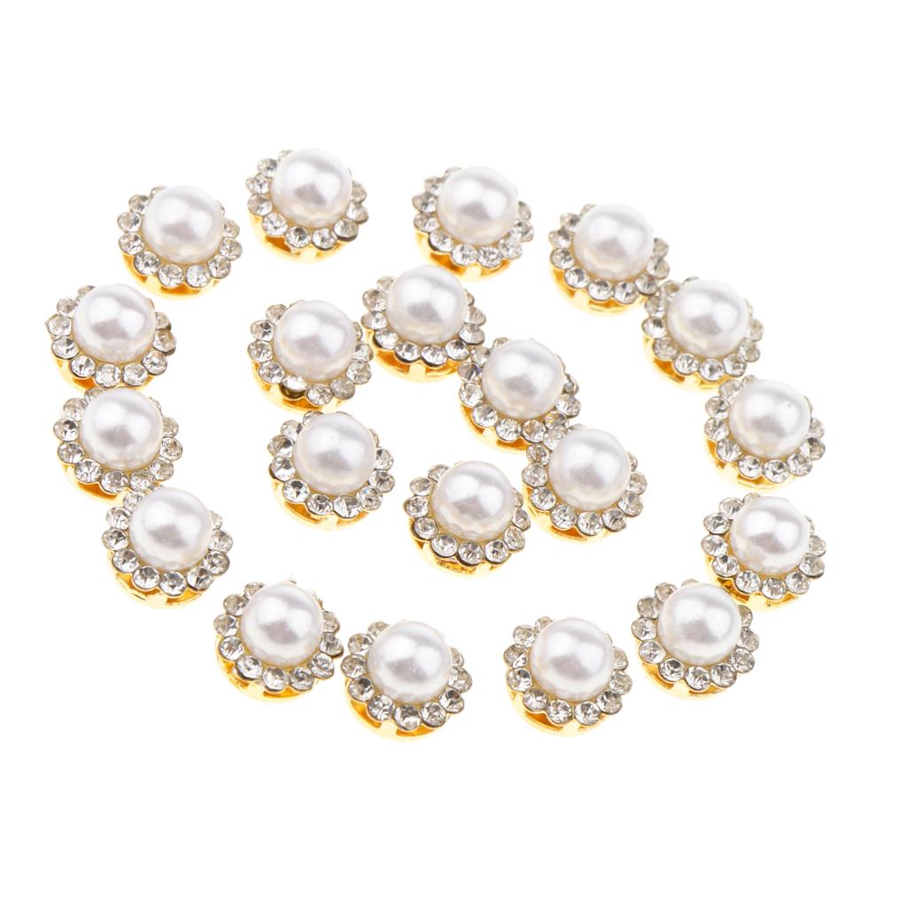20 Pieces Faux Pearl Buttons Rhinestone Embellishments Flatback for DIY 12mm