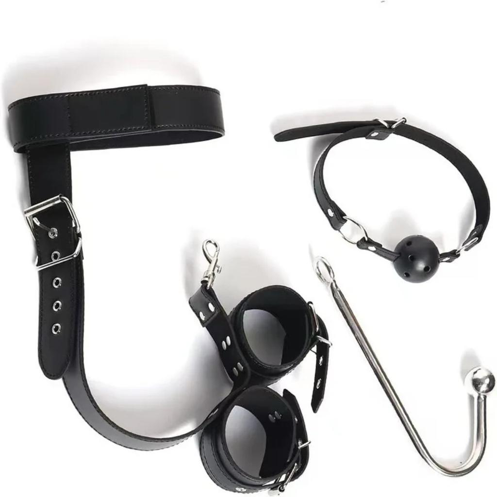 BDSM Bondage Kit for Couples with Wrist Cuffs Neck Collar Anal Hook Restraint Strap Adult Role Play Training Sex Toy Set Bedroom
