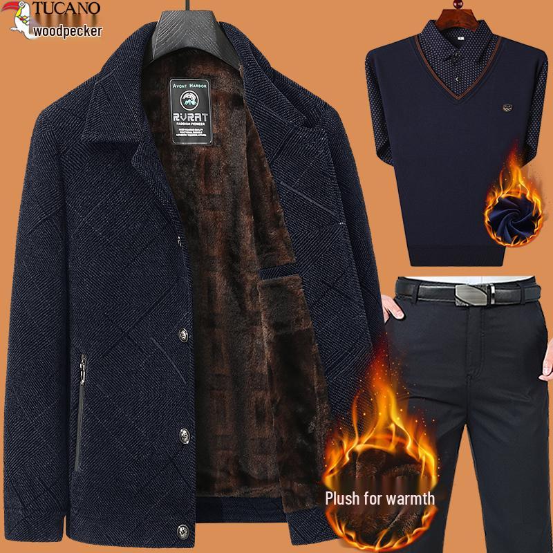 Woodpecker Dad Winter Coat Set: Warm Fleece-Lined Jacket for Middle-Aged and Elderly Men