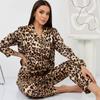 European Style Heart Leopard Print Ice Silk Pajamas Cardigan with Long Sleeves and Pants for Spring and Autumn