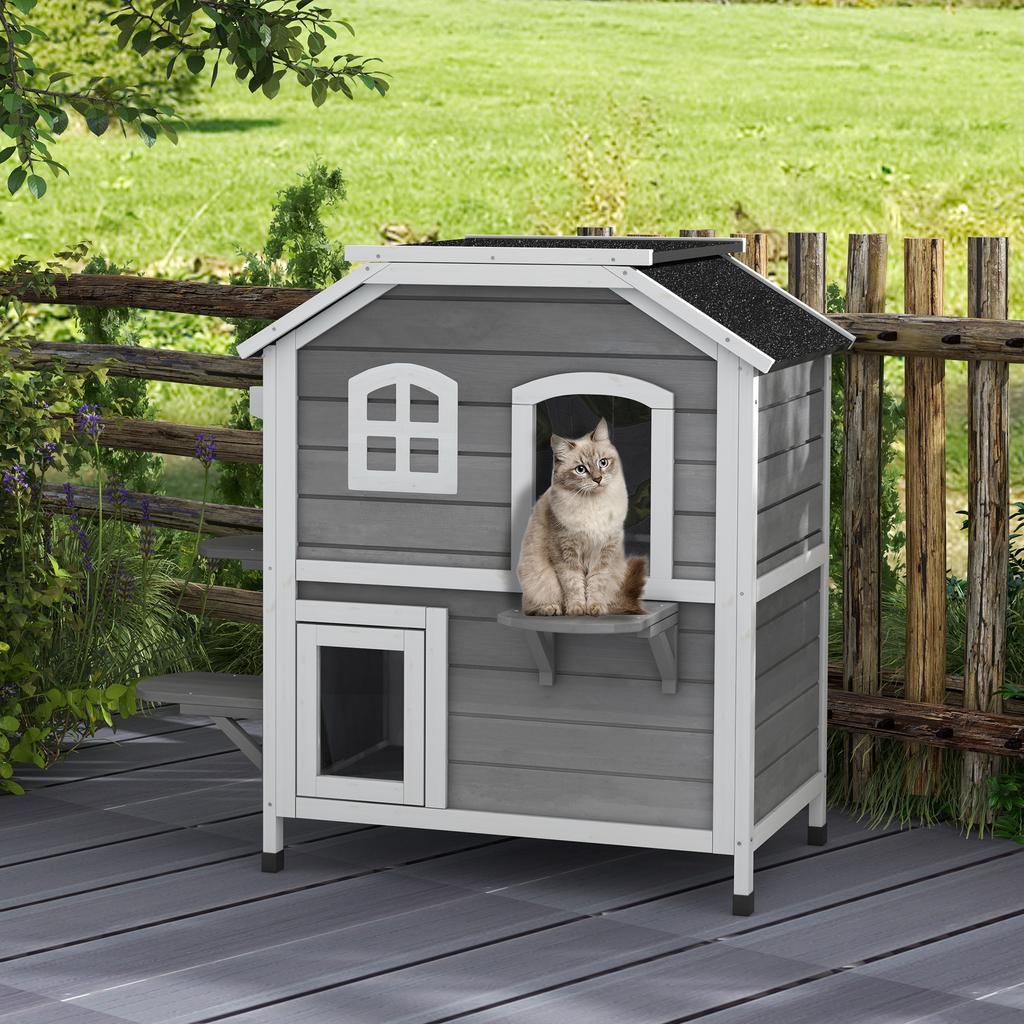 2-story Cat House Outdoor, Weatherproof Wooden Cat Enclosure with Escape Door, Openable Roof, Jumping Platforms, Grey