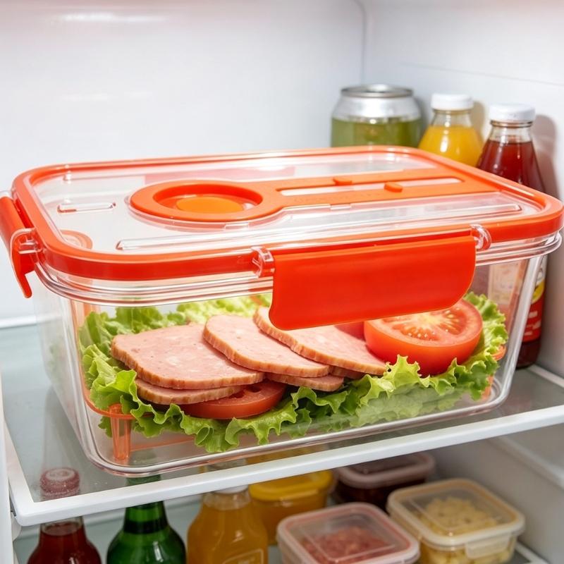 Produce Storage Container with Drain Tray and Locking Lid, Plastic Fridge Storage Box for Fruit and Vegetable Use