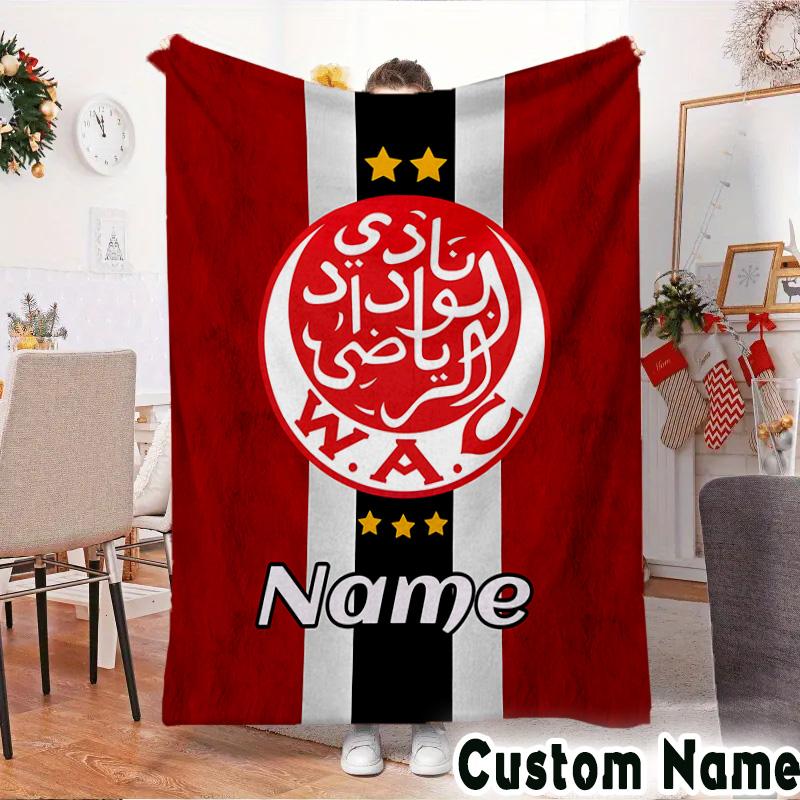 Custom Name Wydad Football Club Crest Throws Blanket Flannel Blankets for Couch Bed Gifts for Men Women Picnic blanket Christmas fan gifts