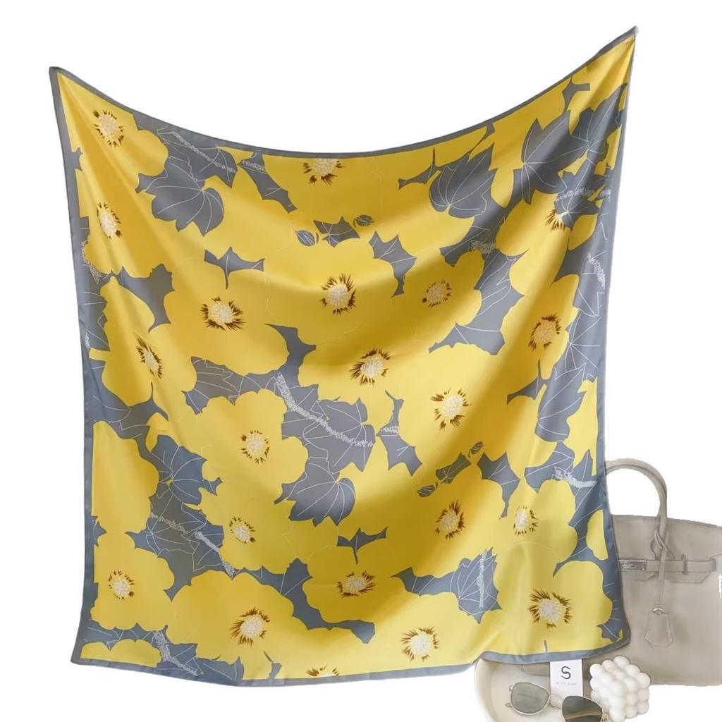 Autumn and winter versatile shawl floral print yellow simple large square scarf 91CM simulated silk twill silk women's silk scarf