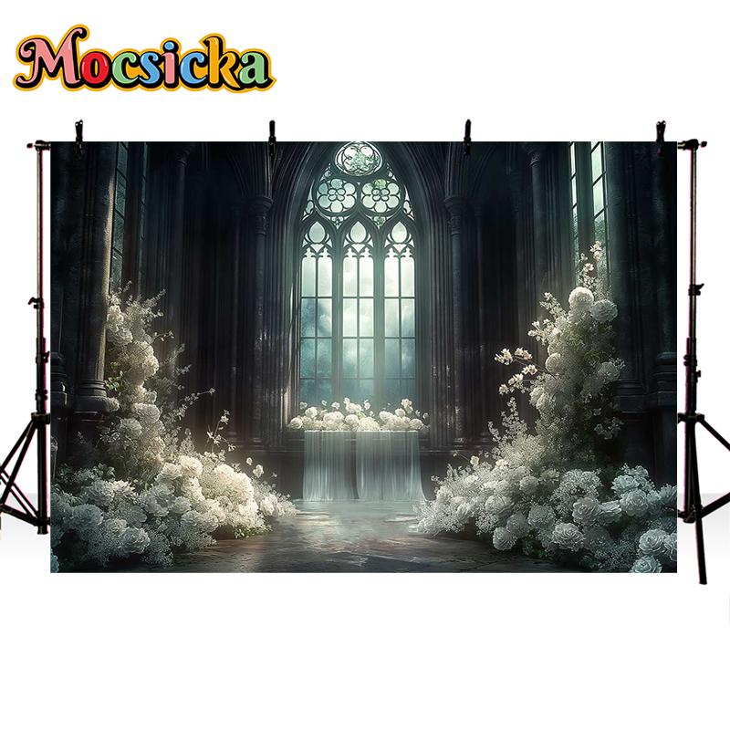 Mocsicka Фотофон Замок с Аркой Мечтательный Туманный Цветочный Декор Свадьба Беременность Взрослый Художественный Портрет Фон Фотостудия