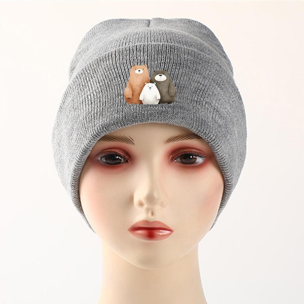 Cartoon Bear Family Print Knitted Cap Beanie, Cute Animal Skull Cap Warm Elastic Headwear Headwear Knit Hat Beanie