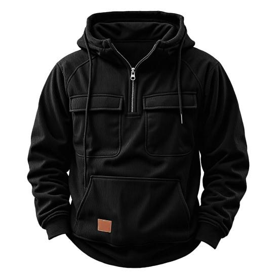 Men Hoodie Zipper Half Placket Hooded Drawstring Long Sleeve Sport Tops with Pockets Solid Color Multi-Pocket Design Warm Sweatshirt