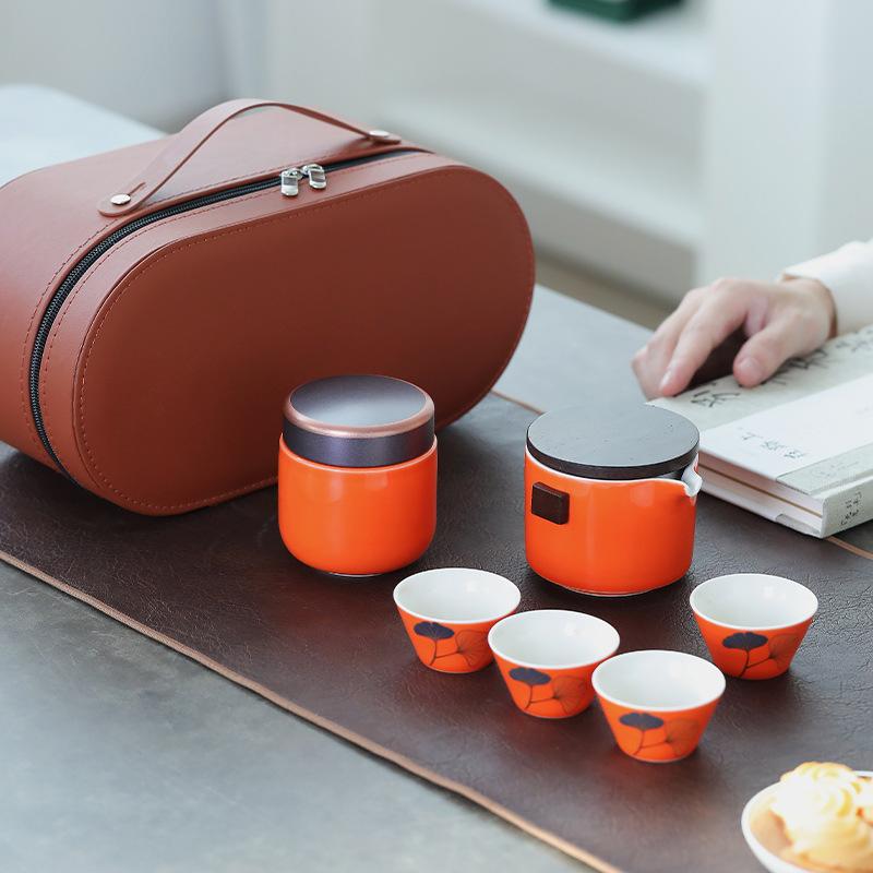 Travel tea set Sansheng apricot one pot four cups express cup with tea tray ceramic tea set high-end gift set