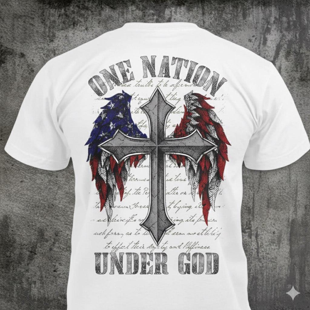 One Nation Under God - Distressed Patriotic Cross Wings T-Shirt: Christian American Gift