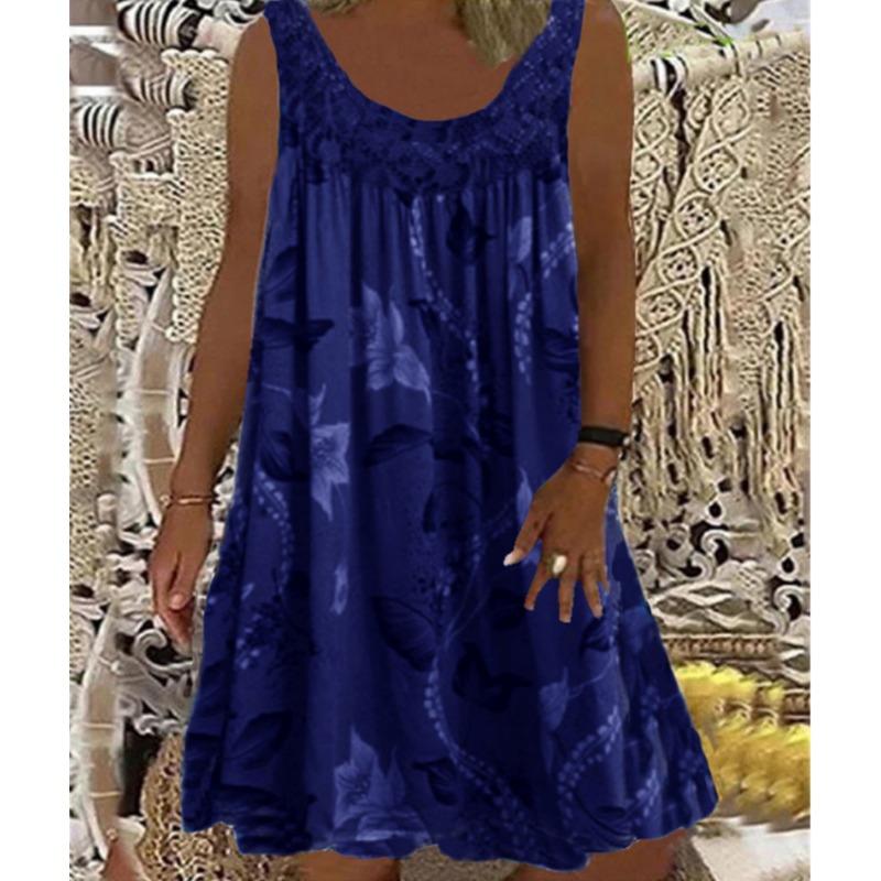 JKASHDK Женская мода лето весна перо принт без рукавов U-образный вырез свободная талия повседневные платья