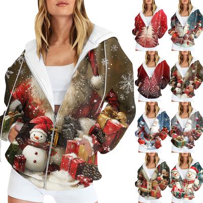 Женская мода повседневная рождественская принтовая толстовка осень-зима с длинным рукавом кардиган куртка с карманом на молнии толстовка с капюшоном куртка