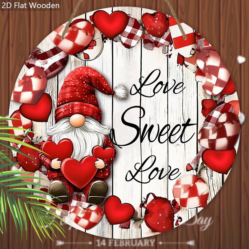 Valentine's Day Wooden Sign with Gnome Pattern - Romantic Round Ornament for Front Door, Wall Hanging Decor - Ideal Gift for Couple